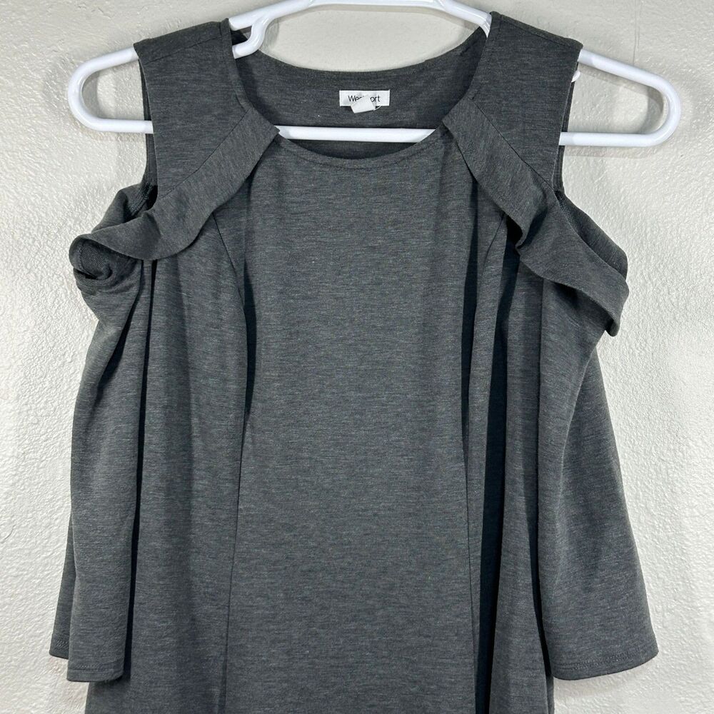 Westport Dress Womens L Cold Shoulder Ruffle Sleeve Scoop Neck Gray Knit Jersey